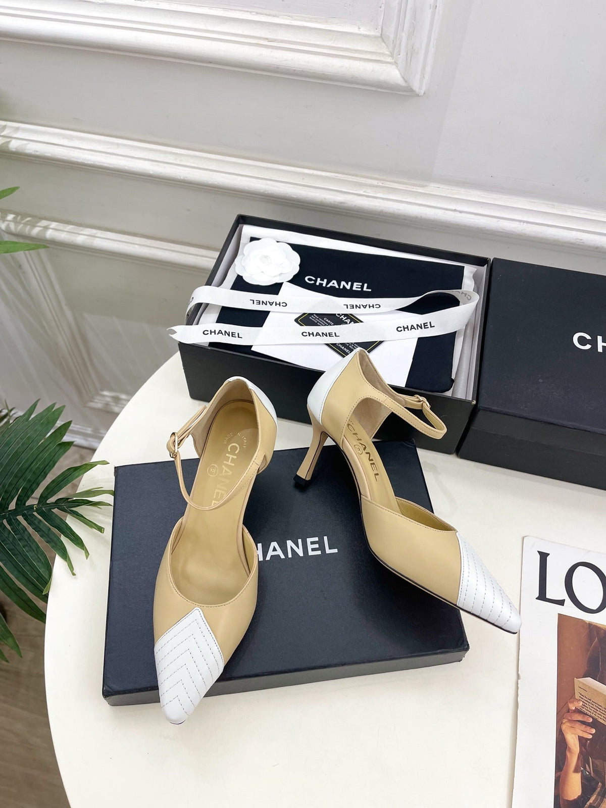 CC 26 SS Double C Slingback 7.5cm Beige White Calfskin 586936