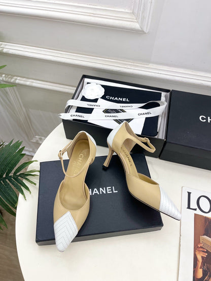 CC 26 SS Double C Slingback 7.5cm Beige White Calfskin 586936