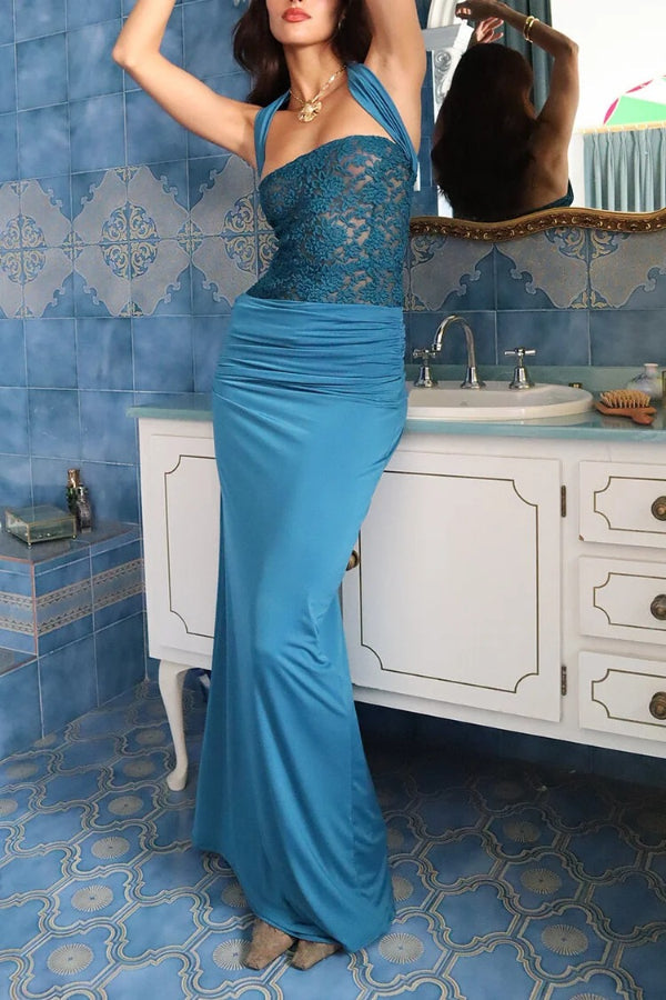Jacquard Patchwork Ruched Slim Fit Sleeveless Maxi Dresses-Blue