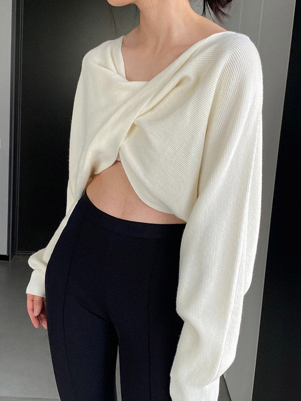 Batwing Sleeves Long Sleeves Knot Solid Color V-Neck Pullovers Sweater Tops