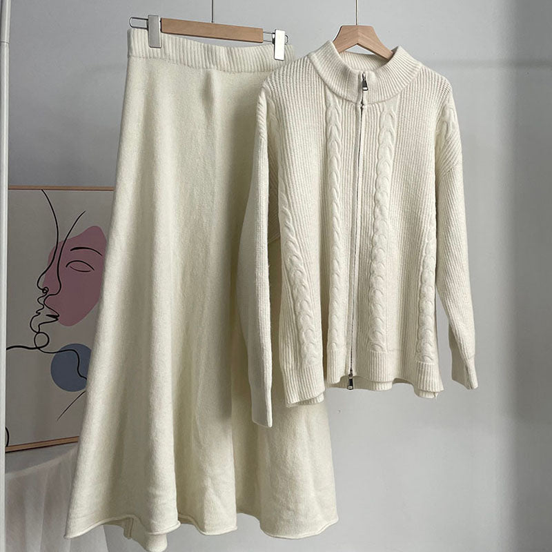 2 Pcs Fall Zip-Up Cardigan Maxi Skirt Set