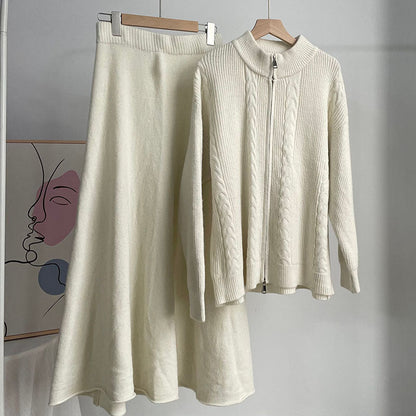 2 Pcs Fall Zip-Up Cardigan Maxi Skirt Set