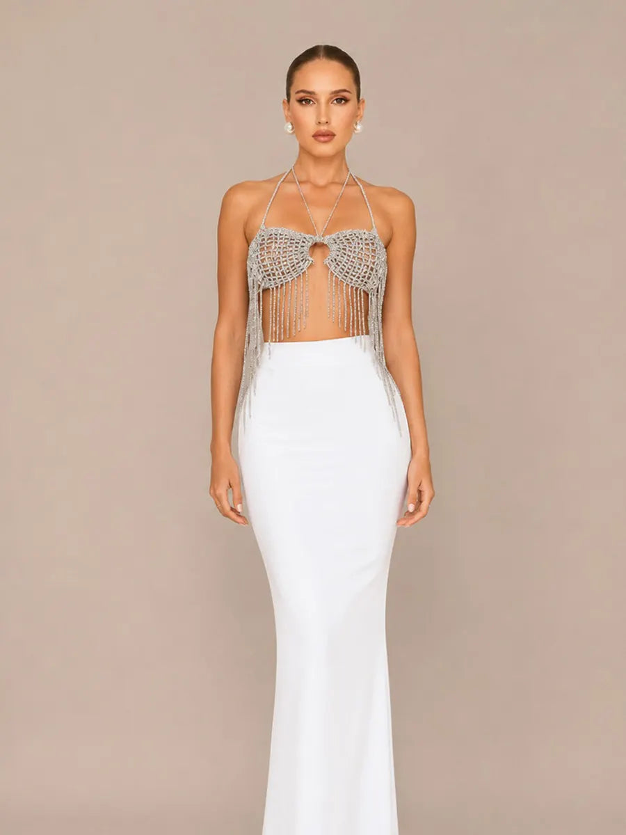 Olena Woven Halter Neck Two-Piece Set with Tassels