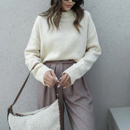 Loose Solid Color Round Neck Long Sleeve Sweater