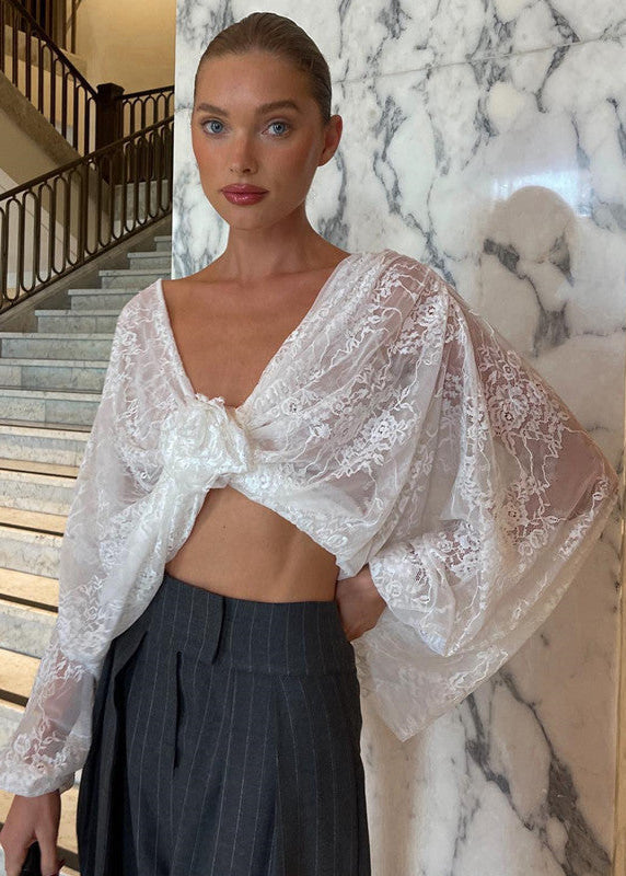 Sheer Lace Cropped Blouse With Floral Front Tie