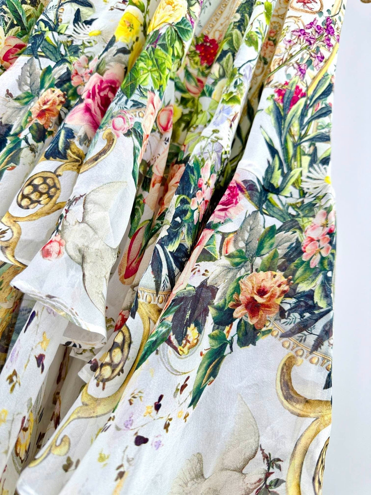 V-NECK LAYERED SILK PRINT MAXI DRESS
