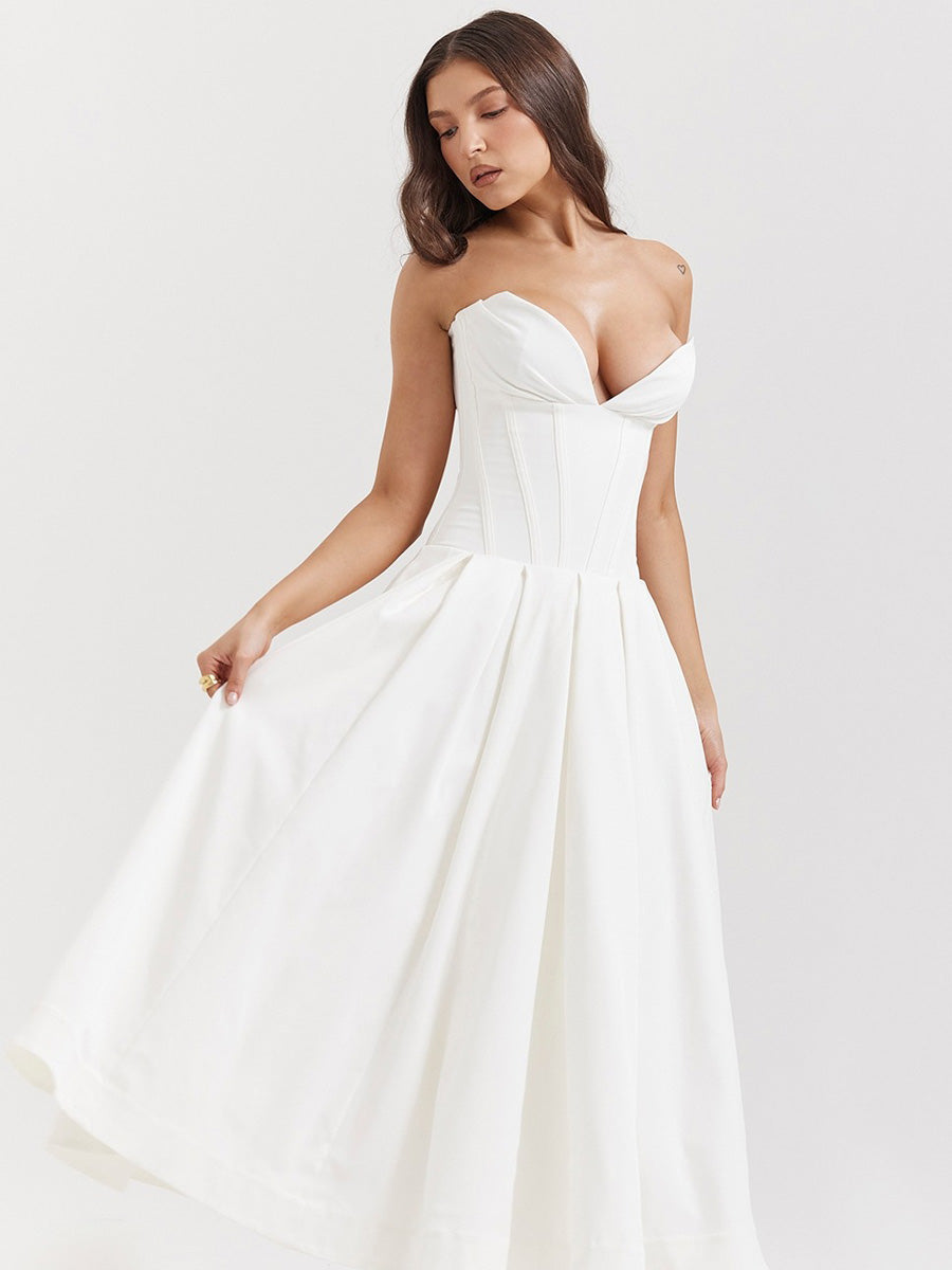 Aria Off-Shoulder Corset Midi Dress In White
