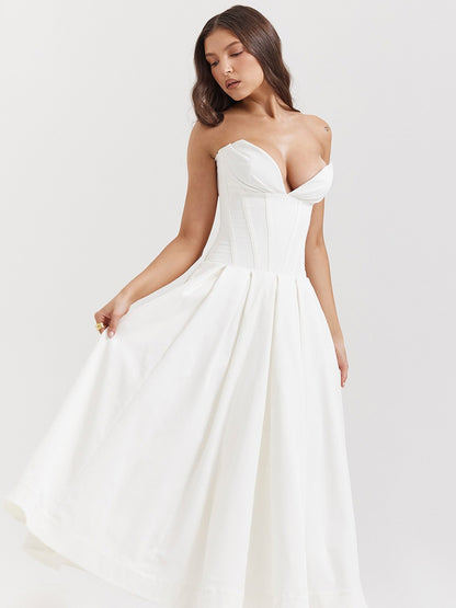 Aria Off-Shoulder Corset Midi Dress In White