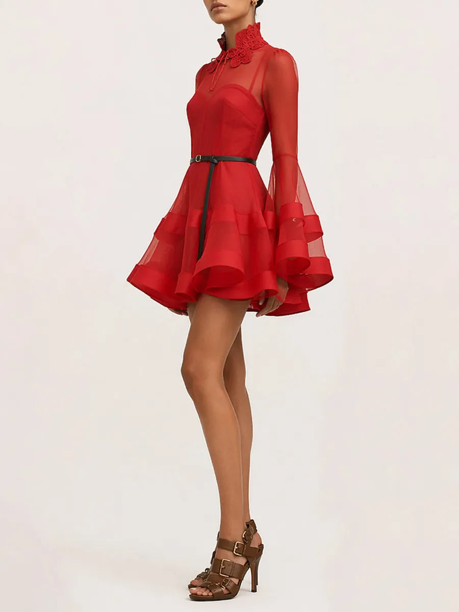Peyton Long-Sleeve Mesh Mini Dress In Red