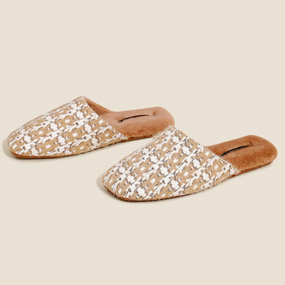 Elegant Color Block Plaid Plush Indoor Slippers