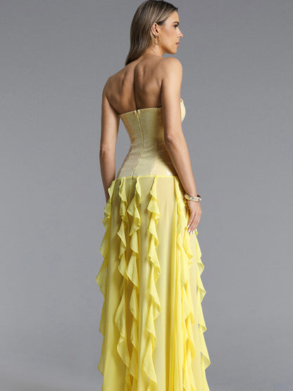 Hazel Strapless Ruffle Trim Sequin Maxi Dress