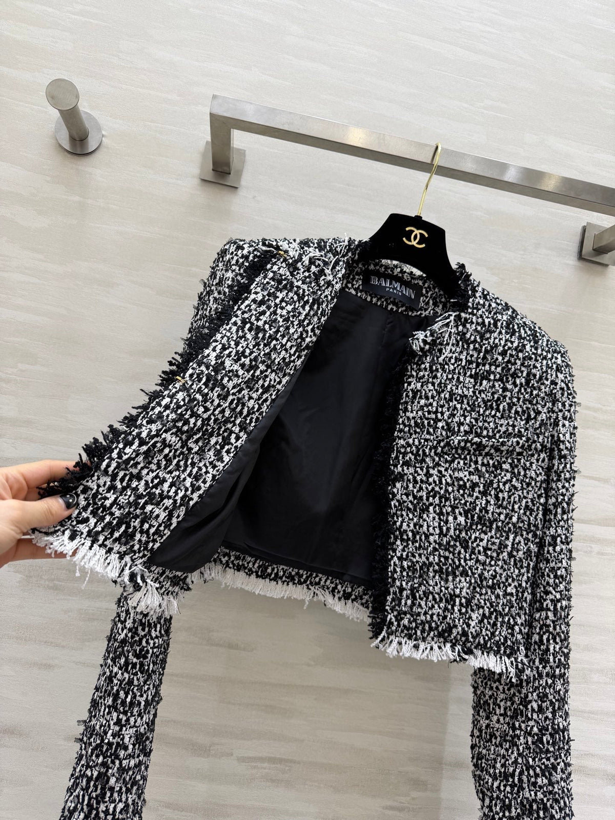 Balmain Short Jacket Black White Tweed 344762
