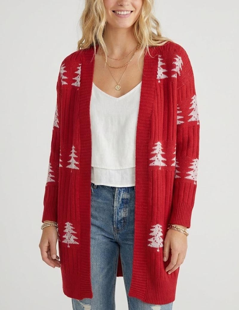 Trendy Embroidery Christmas Tree Knit Long Cardigan