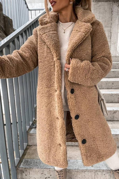 Teddy fleece lapel mid-length coat