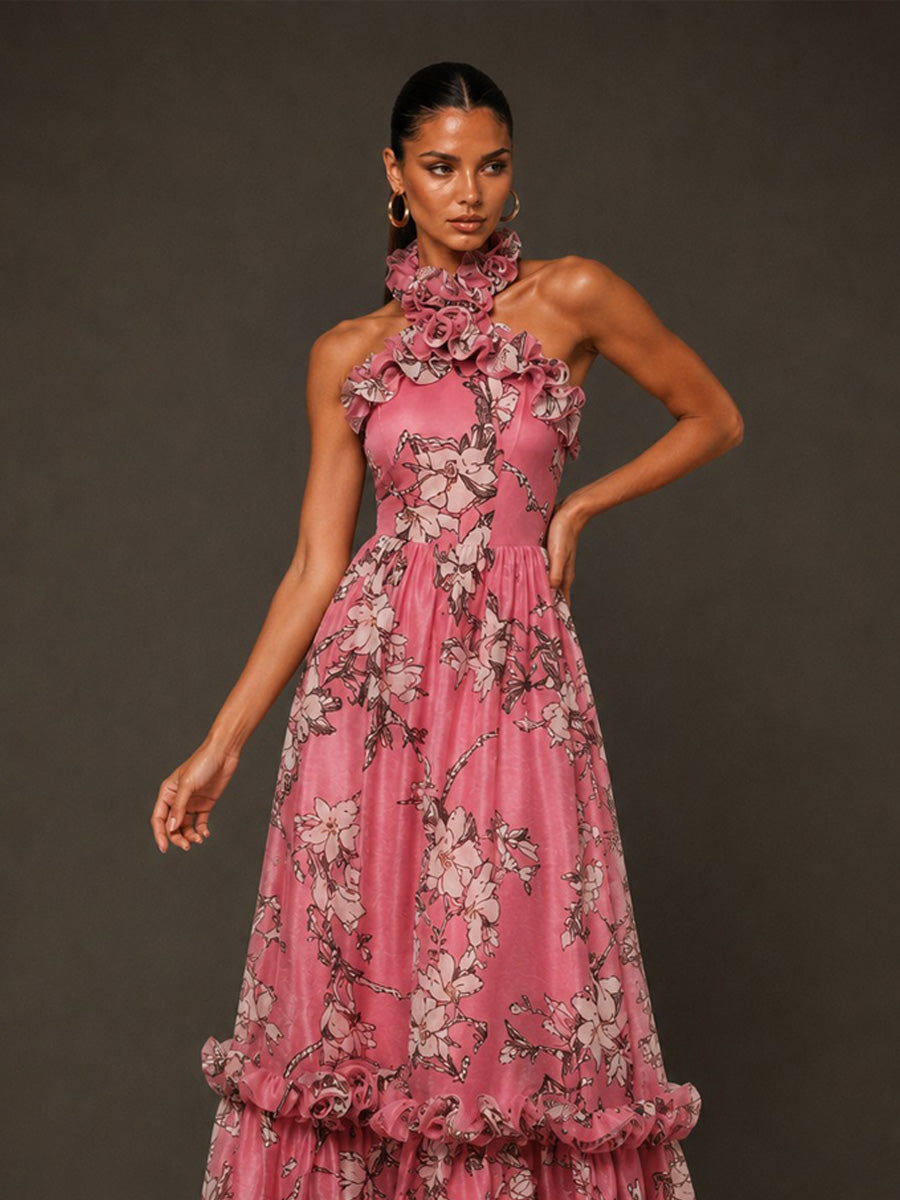 Autumn 3D Floral Halter-Neck Sleeveless Maxi Dress