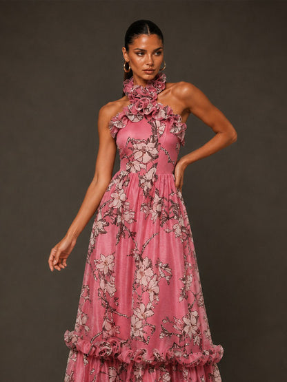 Autumn 3D Floral Halter-Neck Sleeveless Maxi Dress