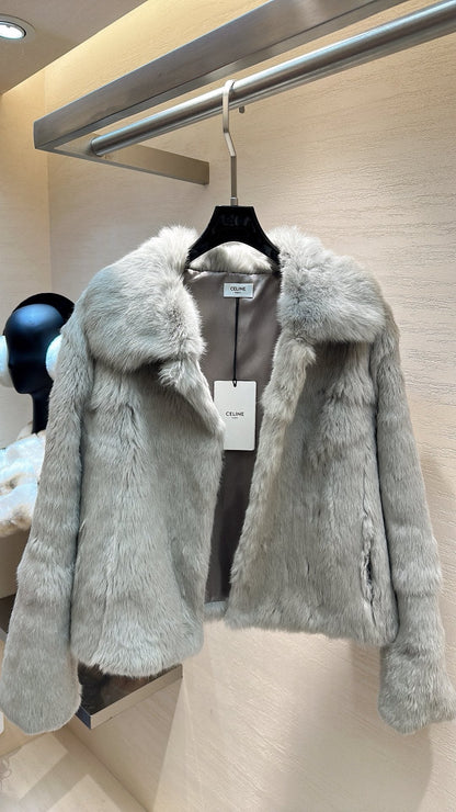 CELINE Rabbit Fur Coat Light Gray 333225