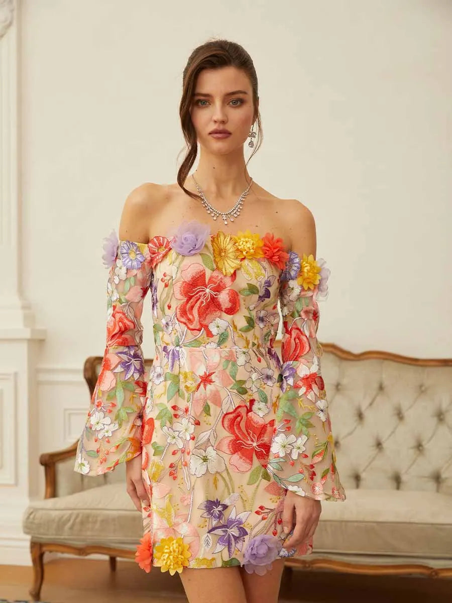 Celeste Floral Embroidered Tulle Mini Dress