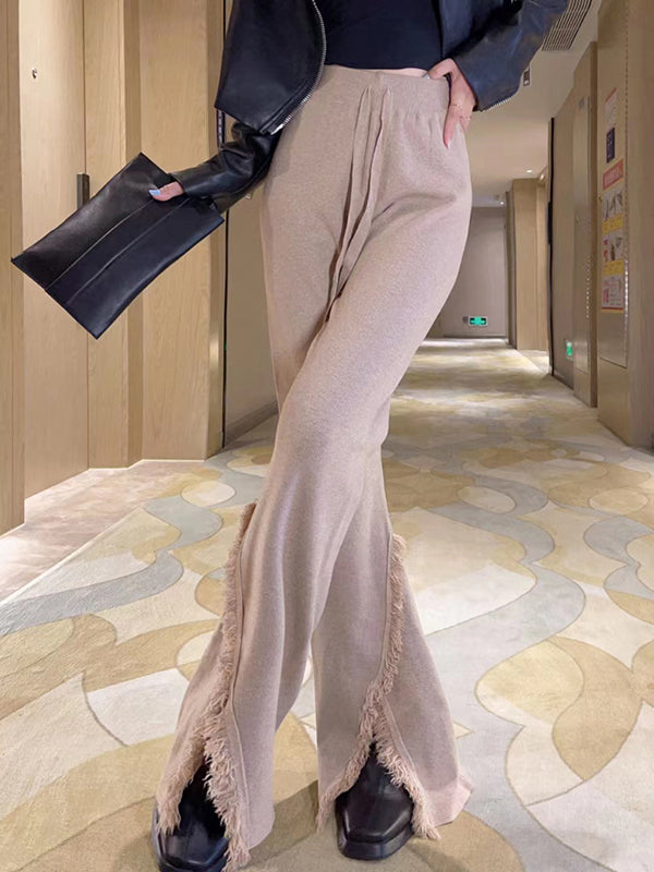 High Waisted Wide Leg Drawstring Fringed Solid Color Split-Front Bell-Bottoms