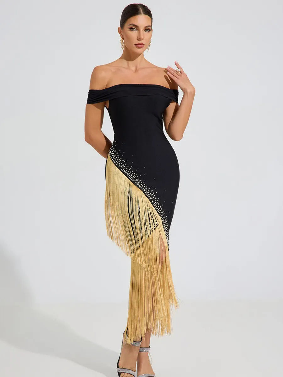 Taylor Gold Fringe Elegance Midi Dress In Black