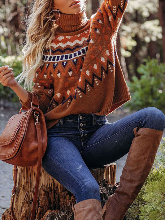 Long Sleeves Loose Contrast Color Split-Joint High Neck Sweater Tops