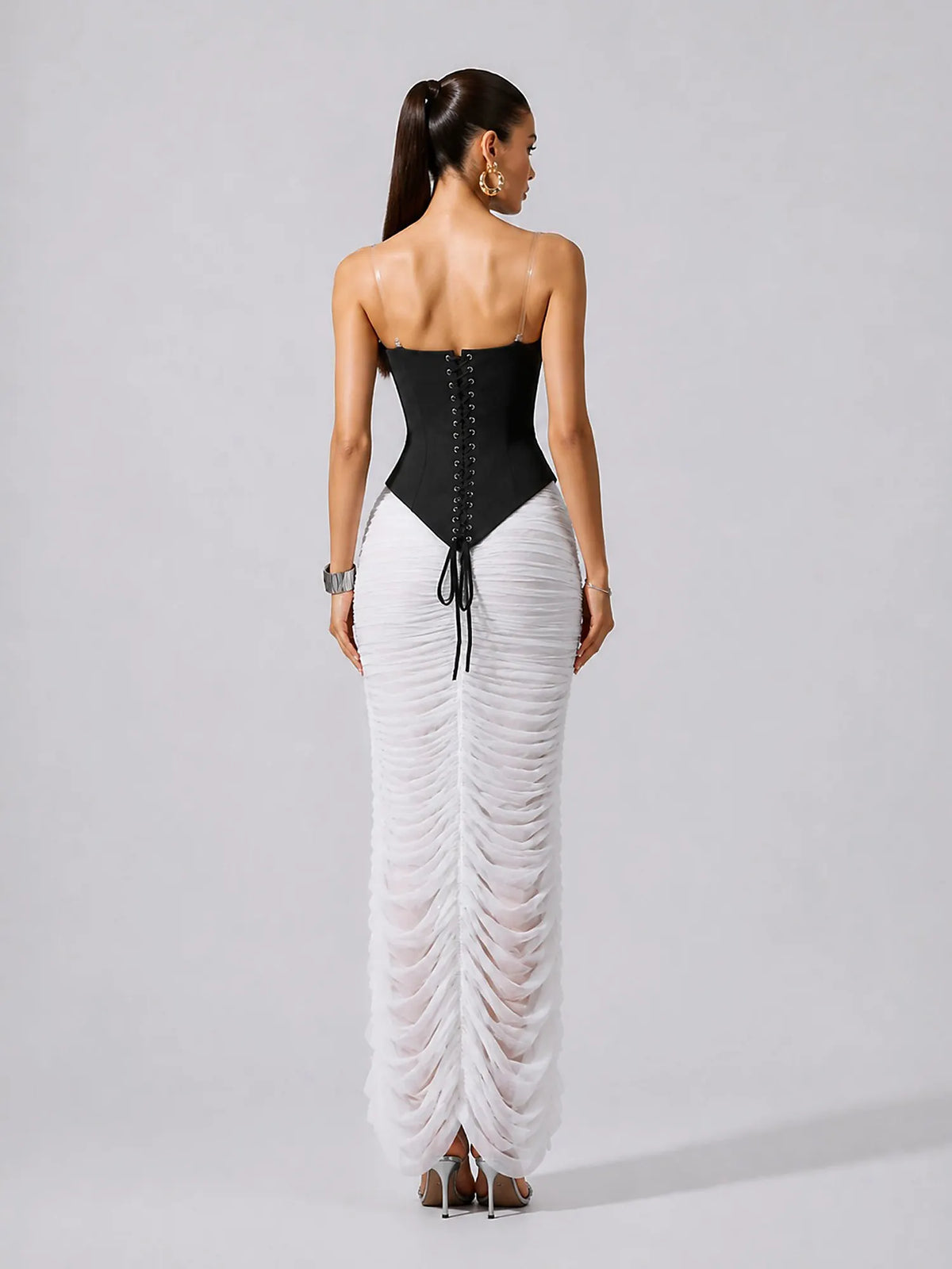 Paulina Spaghetti Strap V Neck Rhinestone Ruched Two Piece Maxi Dress