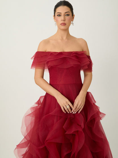 Penelope Off Shoulder Tiered Ruffle Organza Maxi Dress
