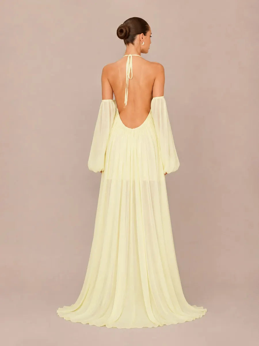 Magdalena Loose Long-Sleeve Halter Maxi Dress