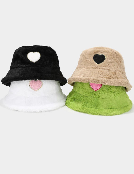 Cute Heart Print Fuzzy Thermal Bucket Hat