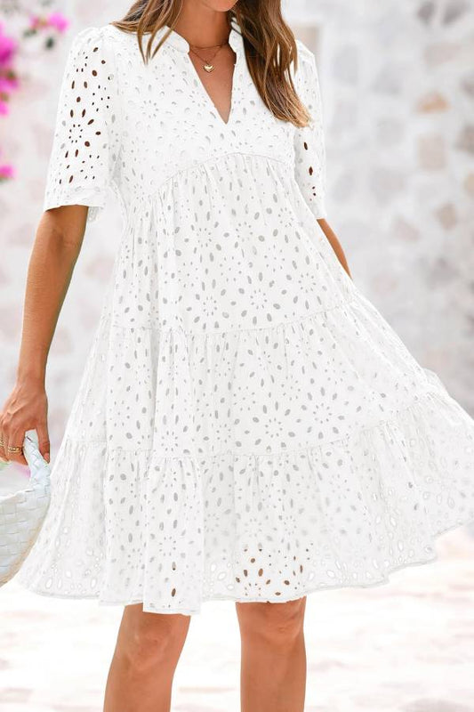 Women's V Neck Short Sleeve Hollow Out Mini Vacation Dress