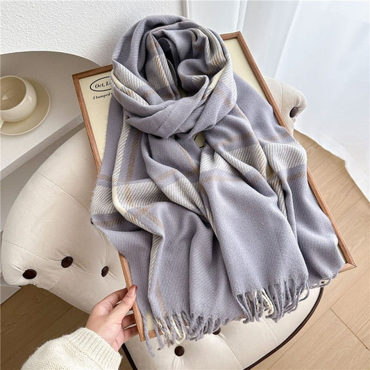 Color Block Plaid Fringe Scarf