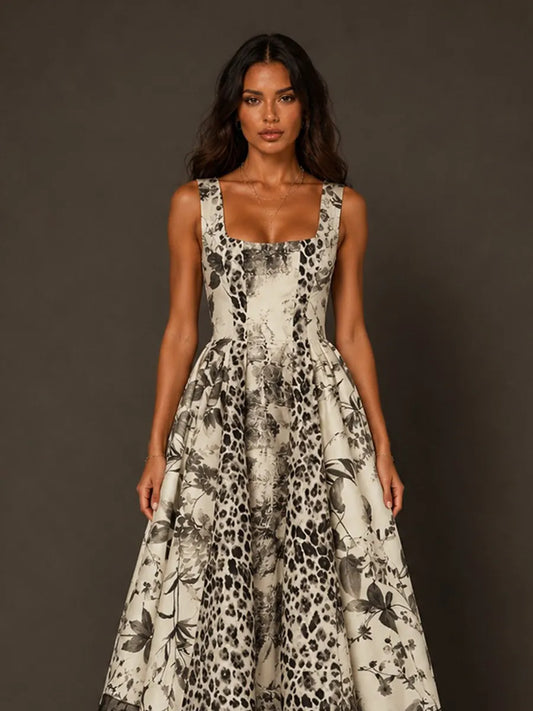 Noelle Ink Painting Print Square Neck Sleeveless Midi Dress