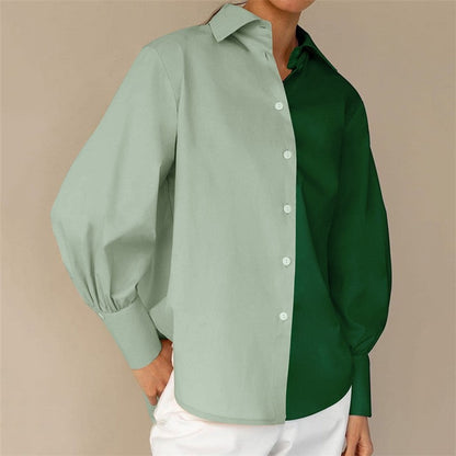 Contrast Color Lapel Long Sleeve Single Breasted Blouse