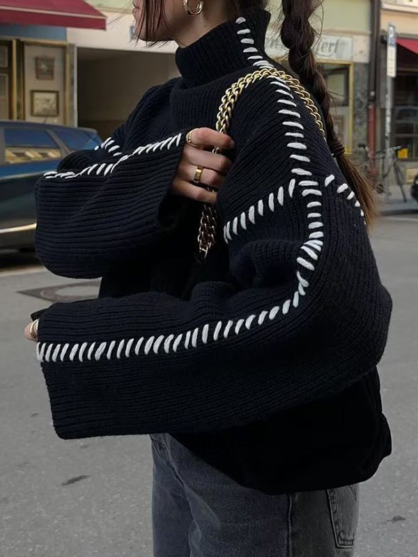 Contrast Color Loose Look-Younger Round-Neck Sweater