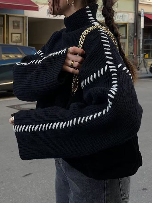 Contrast Color Loose Look-Younger Round-Neck Sweater