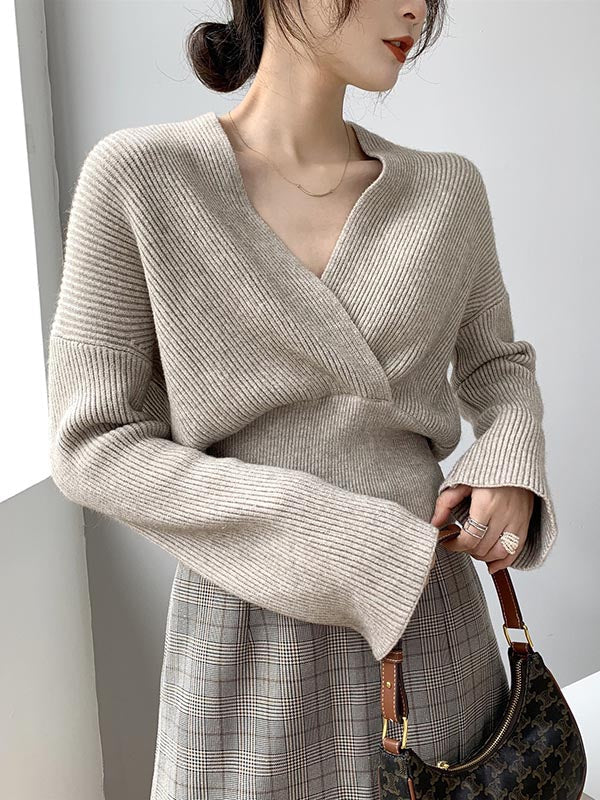 Stylish 6 Colors Knitting V-Neck Asymmetric Sweater