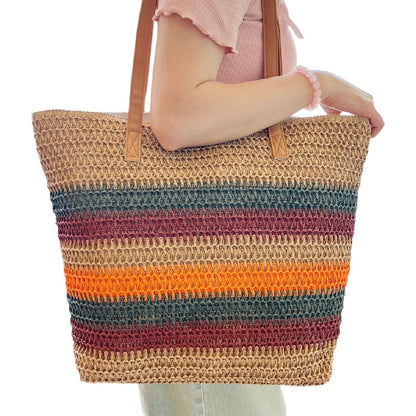 Cosbai - Colorblock Striped Crochet Tote Bag - Large &amp; Classic
