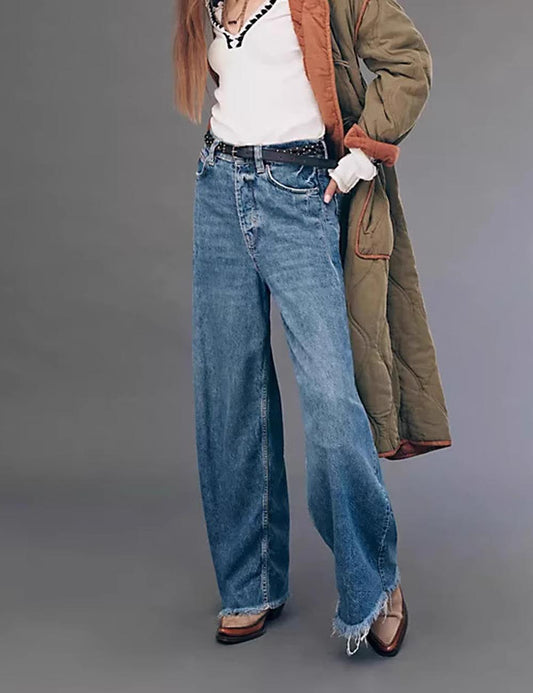 Vintage High Waist Wide Leg Frayed Jeans