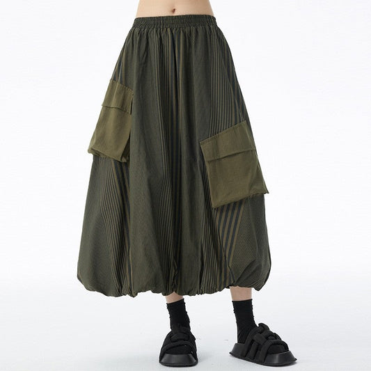 Paneled Pocket Striped Midi Skirt