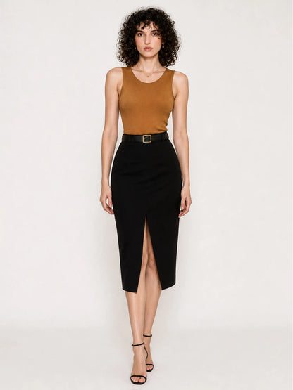 Natalya Slit Straight Midi Skirt