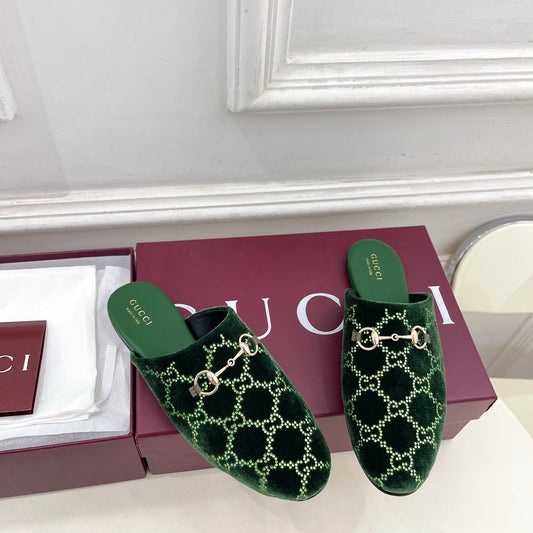 GG 26 Horsebit Flat Mules Rhinestones Dark Green Velvet 587082