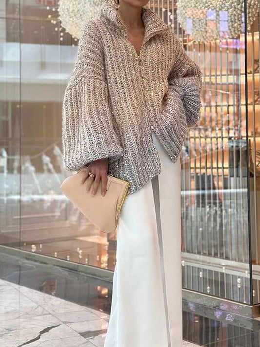 Loose Gradient Sequined Zipper High-Neck Sweater Tops