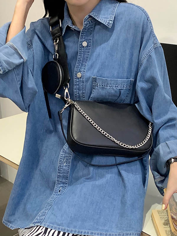 Urban Solid Color Zipper PU Shoulder Bag