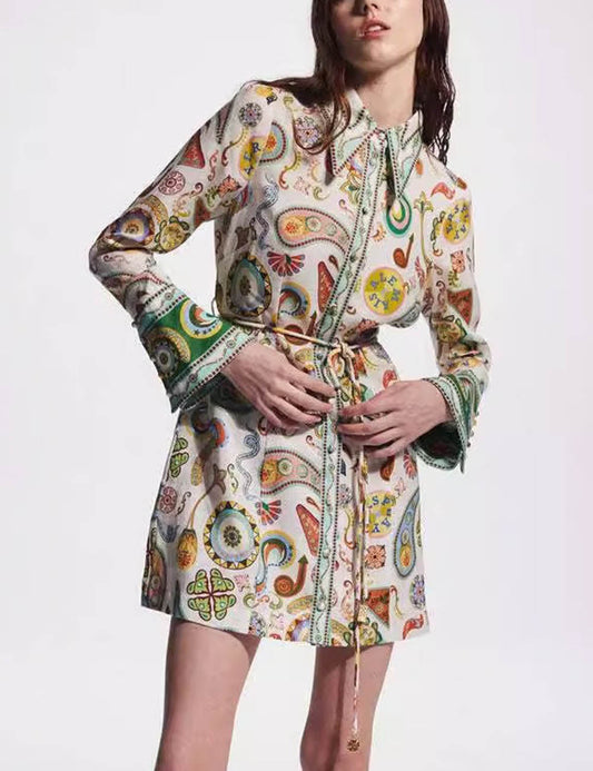 Lapel Floral Print String Waist Mini Dress
