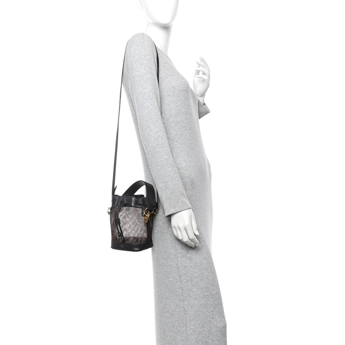 Mesh Vitello Grace F is Fendi FF 1974 Mini Mon Tresor Bucket Bag Marrone Black Ebano