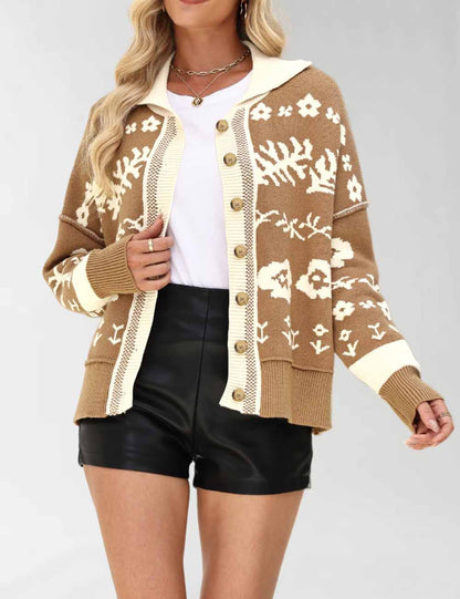 Vintage Floral Print Loose Knit Cardigan