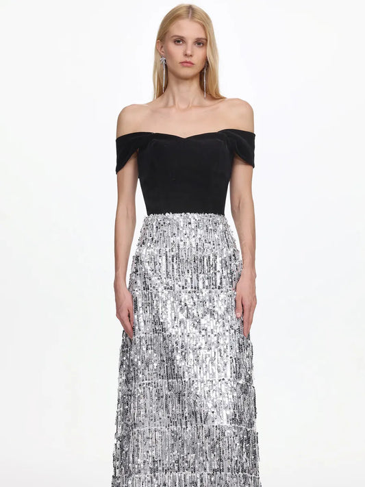 Jocelyn Glamorous Off Shoulder Fringe Velvet Maxi Dress