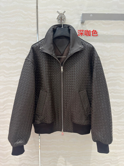 BV Double-Zip Baseball Jacket in Chocolate Lambskin