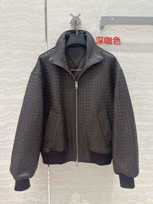 BV Double-Zip Baseball Jacket in Chocolate Lambskin