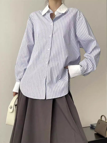 Irregular Clipping Pleated Split-Joint Striped Lapel Blouses
